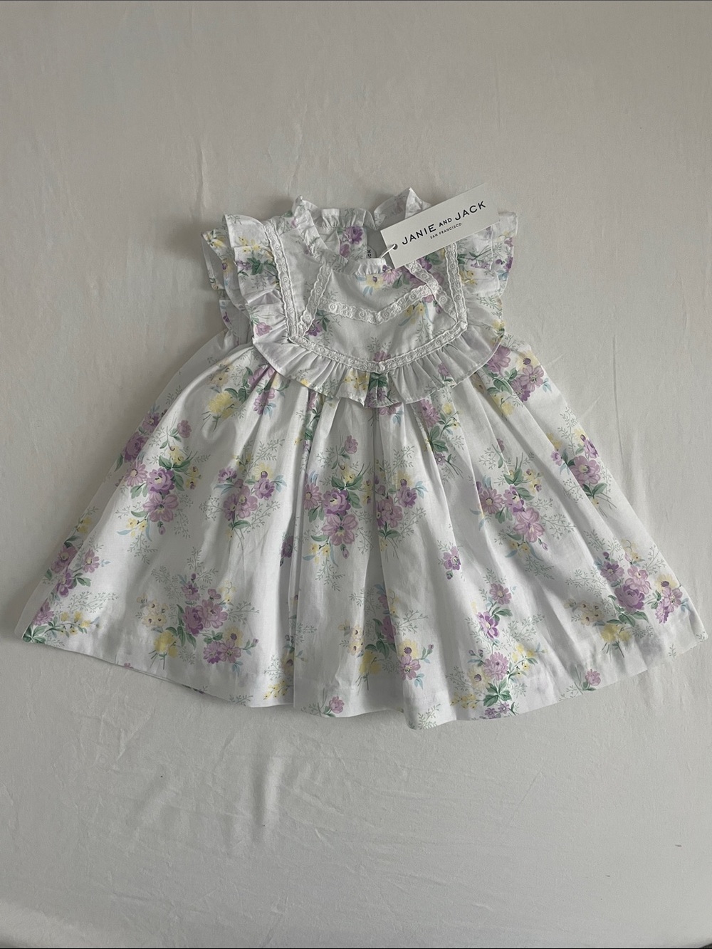 Janie and Jack White Floral Ruffle dress w/ Lavender & Yellow Blooms 6-12m (NWT)